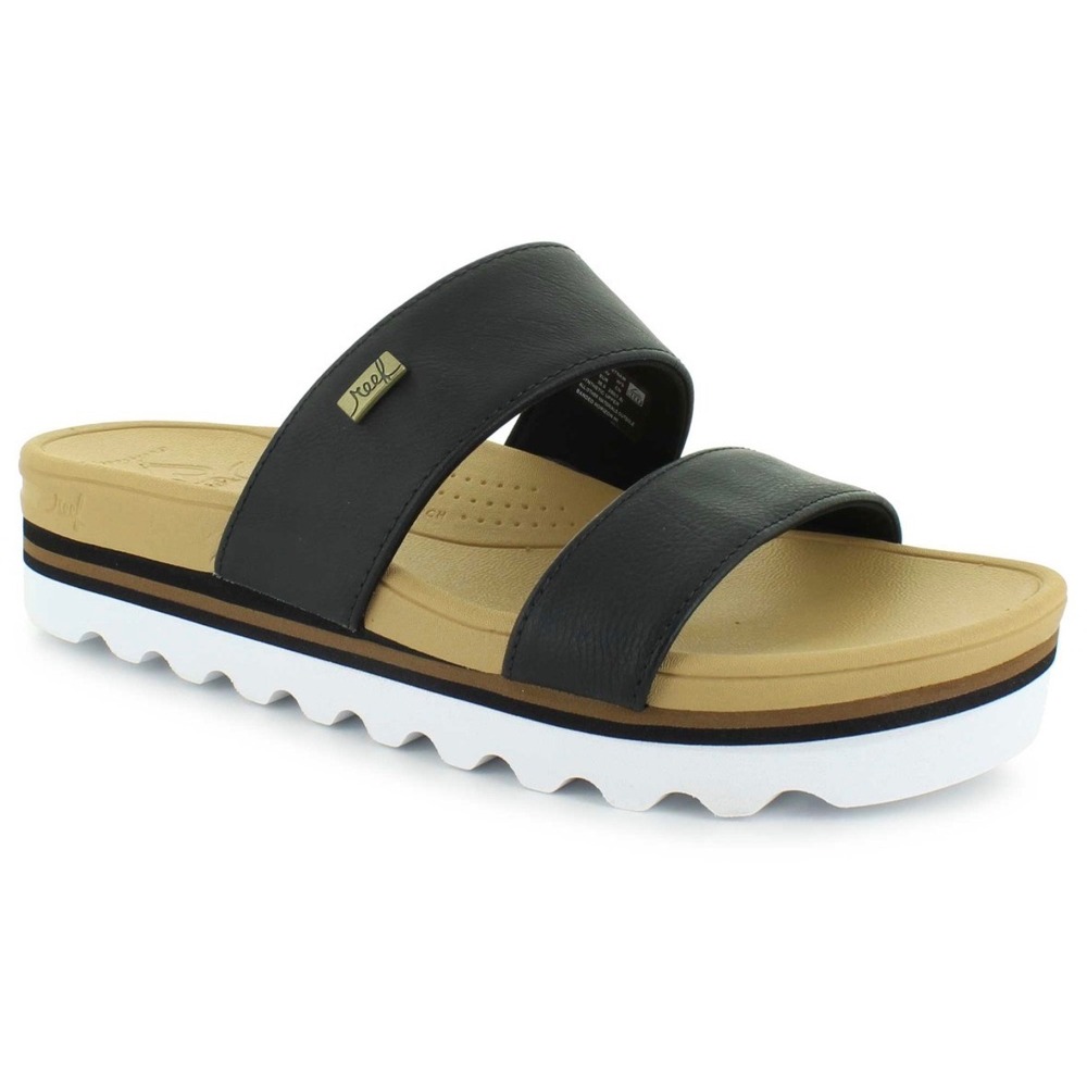 Reef Cushion Vista Hi Black Tan Platform Double Strap Slide Sandals Womens 8